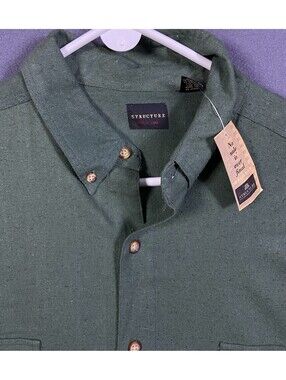 Vintage Deadstock Structure Green 100% Silk Button Up Down Shirt XLARGE Preppy